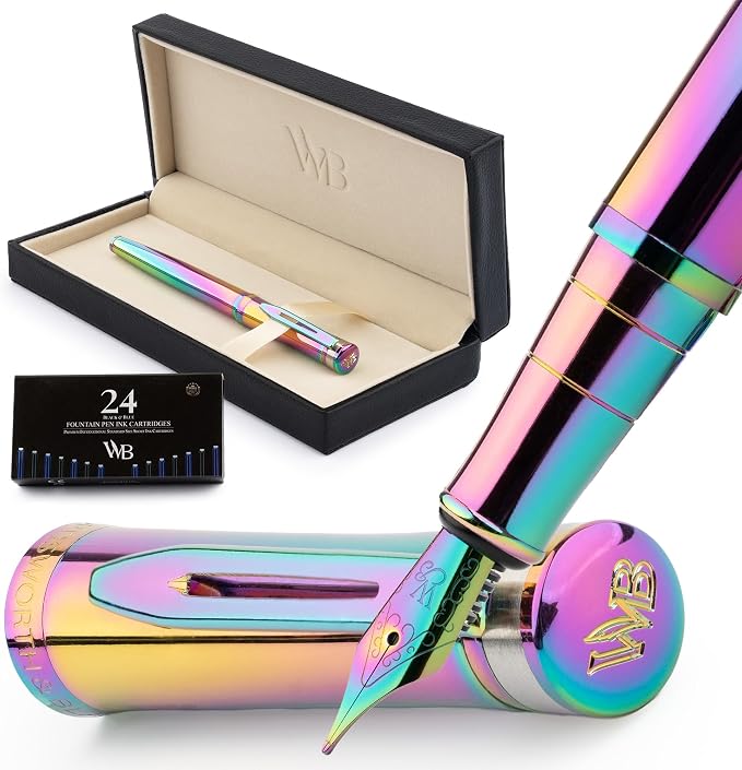 Wordsworth & Black Luxury Fountain Pen Set for Writing, Medium Nib, Rainbow | Gift for Men & Women, Brass Body, 18K German Iridium, Calligraphy, Converter + 24 Ink Cartridges, Refillable, Leak-Free