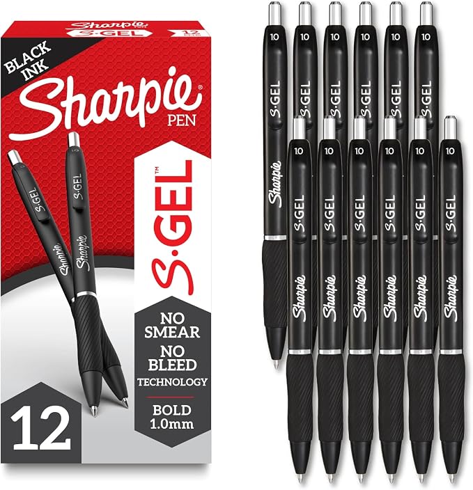 Sharpie S-Gel Pens, Bold Point (1.0mm), Black Gel Ink, 12 Count - Writing, Journaling, Note-Taking, College, Teacher Supplies, Office (Pack of 12)