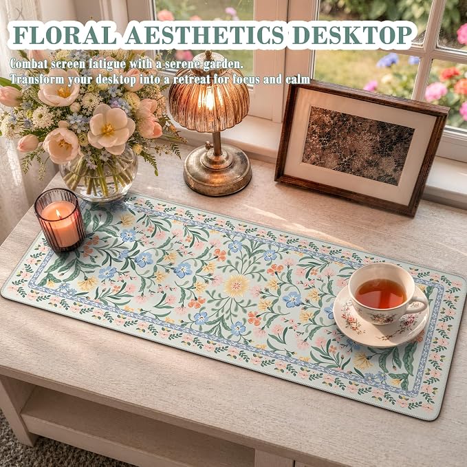 iCasso Aesthetic Desk Mat,31.5x11.8 Mouse Pads,Green Floral | Anti-Slip Mousepad with Stitched Edges, Waterproof Computer Pad, Green Desk Accessories Office Decor for Women