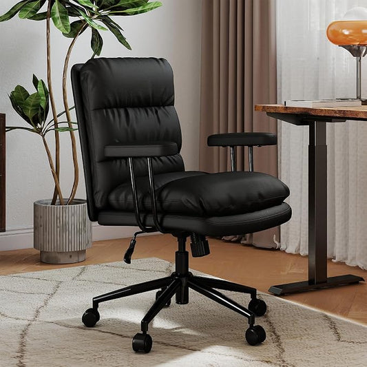 ralex-chair Mid Century Modern Leather Office Chair with Wheels -Black | Swivel Desk Chair for Home Office, Mid Back Computer Chair with Armrest for Study, Makeup, Office, Bedroom