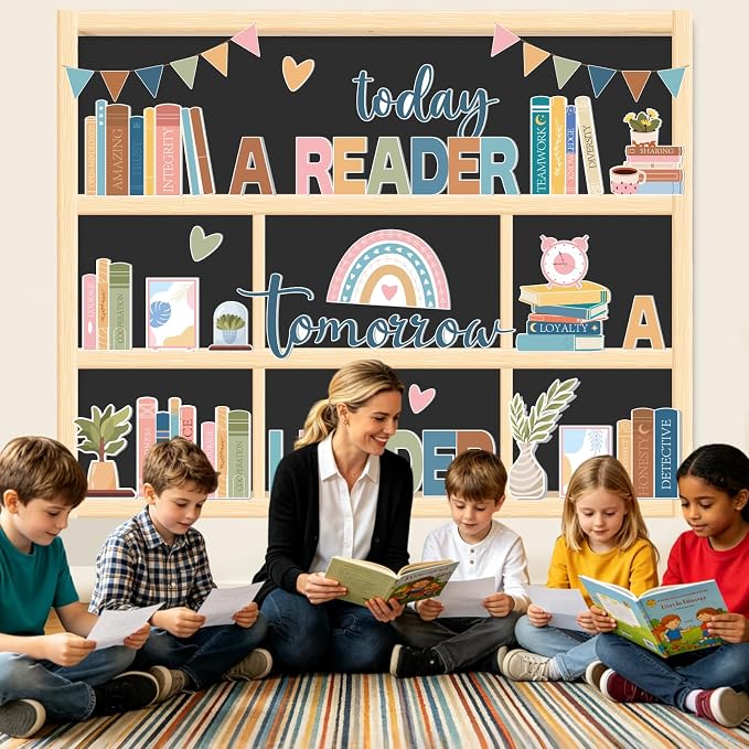 63Pcs Boho Reading Bulletin Board Decorations Set, Motivational Library Books Paper Cut-Outs Inspirational Affirmation Cutouts for Back to School Teacher Supplies Office Classroom Door Wall Decor