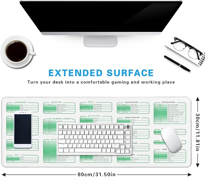 White Excel Cheat Sheet Desk Pad, 31.5"x11.8", Waterproof Extra Large Excel Shortcut Mat with Stitched Edges, Anti-Slip Excel Mouse Pad for Office Desk, MS Excel/Word Shortcuts (White Excel)