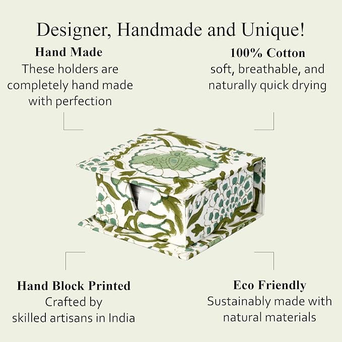 CPC Agate Green Block Print Cotton Desk Organizer Sticky Note Holder | Cute, Aesthetic, Decor Accessories, Workspace Organizers, Caddy Storage, Gift for Office, Professionals, Student