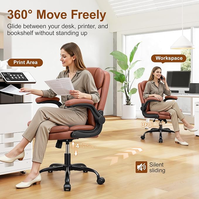 HeroSet Leather Office Chair with Upgraded Double-Layer Seat Cushion and Neckrest for Short People, Brown