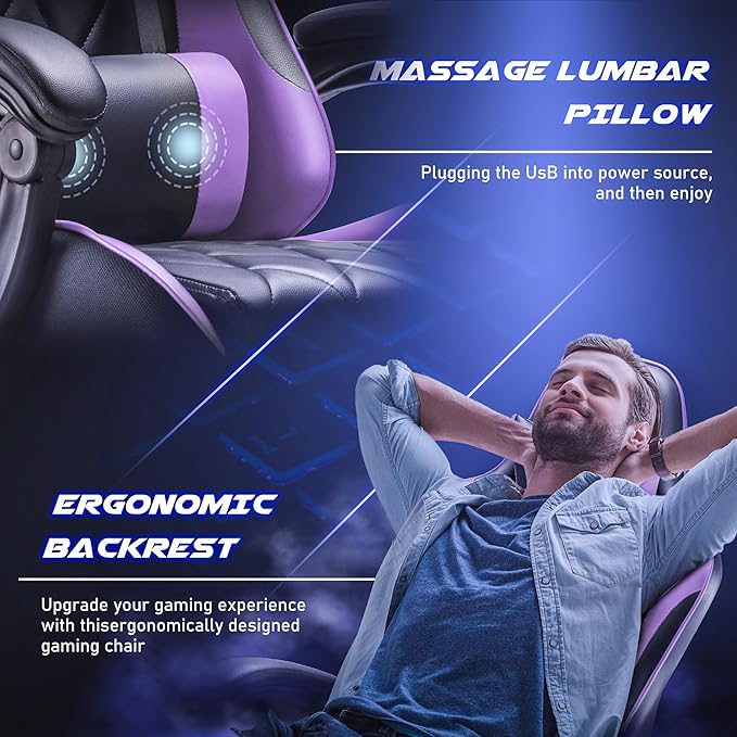 Homall Gaming Chair, Computer Chair with Footrest and Massage Lumbar Support, Ergonomic High Back Video Game Chair with Swivel Seat and Headrest (Purple)