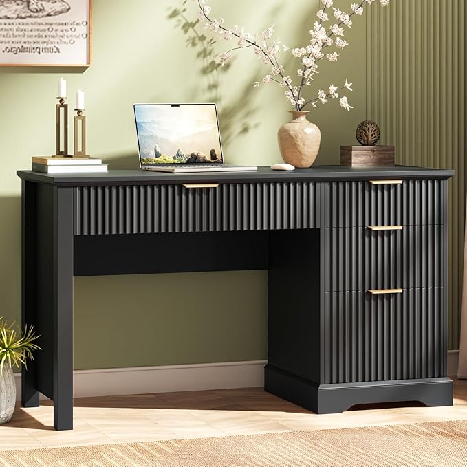 Vabches Fluted Executive Desk with Drawers, Wood Computer Desk with Ample File Drawer, Home Office Desk with Storage for Study, Bedroom, Living Room, Black