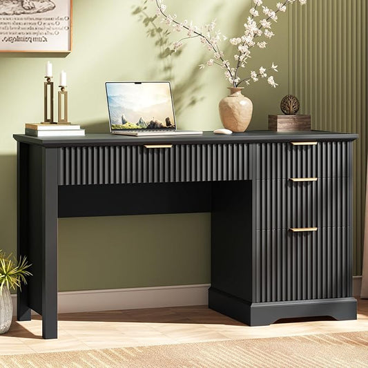 Vabches Fluted Executive Desk with Drawers, Wood Computer Desk with Ample File Drawer, Home Office Desk with Storage for Study, Bedroom, Living Room, Black