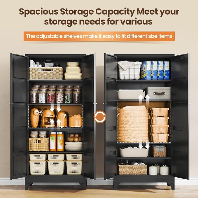 Metal Pantry Cabinet,- 72" Black Kitchen Pantry Storage Cabinet with Doos and Adjustable Shelves for Kitchen, Living Room,Dining Room,Home