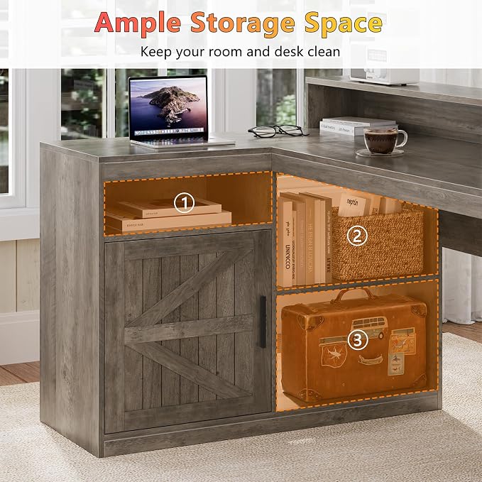 63" Farmhouse L Shaped Desk with Drawers and Printer Stand for Home Office | Computer Desk with Power Outlet, Home Office Desk with Storage Shelves and Monitor Stand, Gray