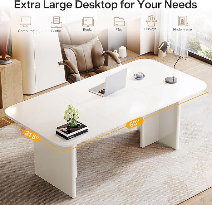 Tribesigns Modern White Desk, Large Minimalist Executive Office Computer Desk Writing Study Makeup Vanity Table Workstation with Arch Design Legs, 63 x 31.5 inch