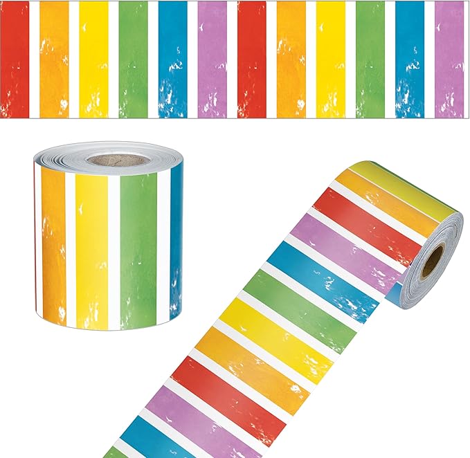 Carson Dellosa All are Welcome 65Ft of Striped Rainbow Bulletin Board Borders, 1 Roll of Colorful Trim for Rolling Whiteboard, Cork and Posterboard, Party Decorations, and Classroom Decor