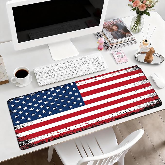 Gaming Desk Mat with Silky Smooth Surface & Exquisite Patterns,31.5x11.8 Inches Large-Sized Mouse Pad, Perfect for Extended Gaming,Work,and Home Office Decor (American Flag 3)
