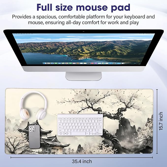 Large Extended Mouse Pad with Stitched Edges 35.4"x15.7" - Waterproof Desk Mat, Non-Slip Rubber Base for All-Desk Coverage, Perfect for Gaming Office Home, Landscaping