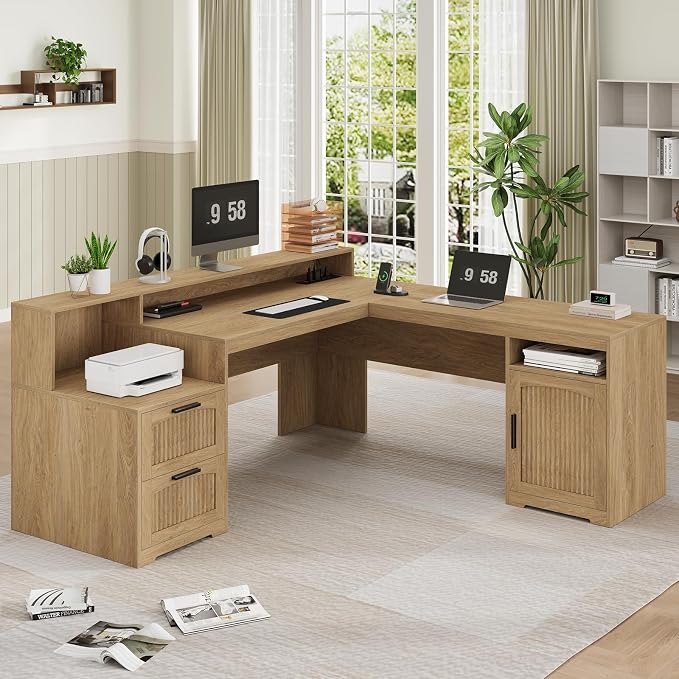 63" Fluted L Shaped Desk with Drawers & Printer Shelf for Home Office | Corner Computer Desk with Storage, Power Outlets, L Shaped Office Desk with Monitor Stand, Printer Shelf, Oak