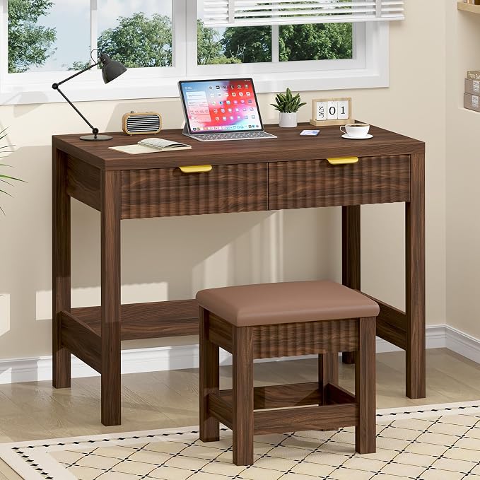 32 Inch Small Fluted Computer Desk with 2 Drawers & Stool for Bedroom | Small Wooden Computer Desk with Storage, Compact Writing Study Vanity Desk with Stool for Small Spaces, Walnut