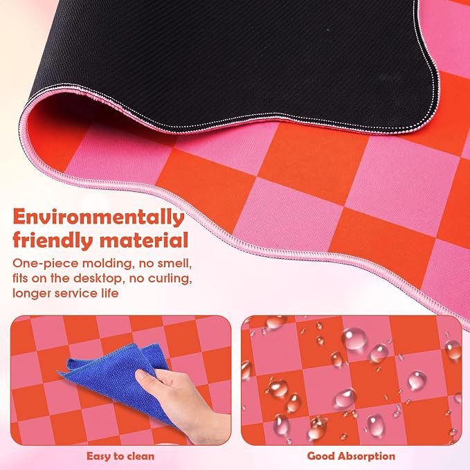 1 Pcs Pink Orange Scalloped Checkered Desk Mat 31.5 x 11.8 Large Cute Mouse Pad Computer Mat Non Slip Waterproof Rubber Base with Border Stitching Soft Keyboard Pad for Home Office Game Makeup