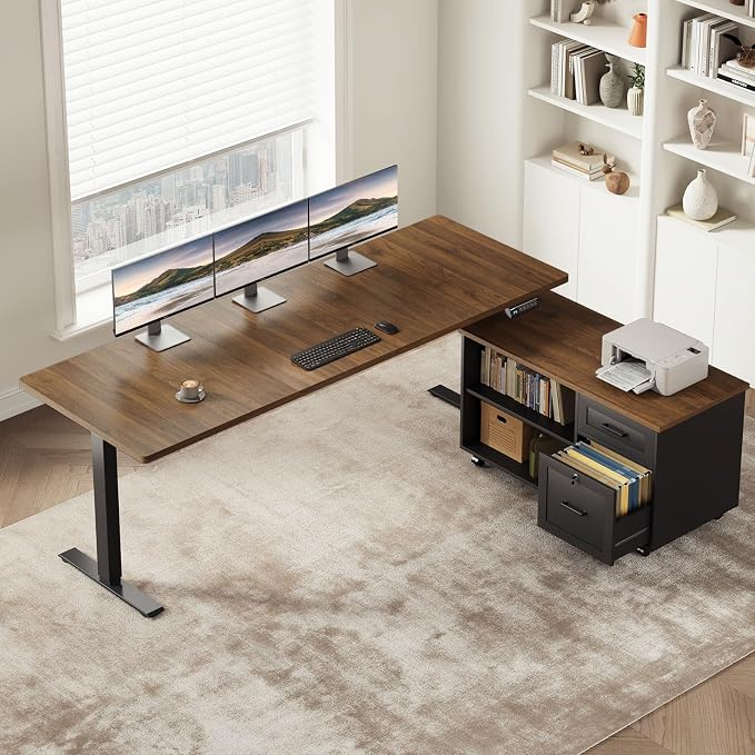 63" L Shaped Electric Standing Desk with Cabinet Sets, Walnut/Black | Mobile Drawers & File Cabinet Sets for Flexible Layout, Height Adjustable Executive Stand Up Desk for Home Office Workstation