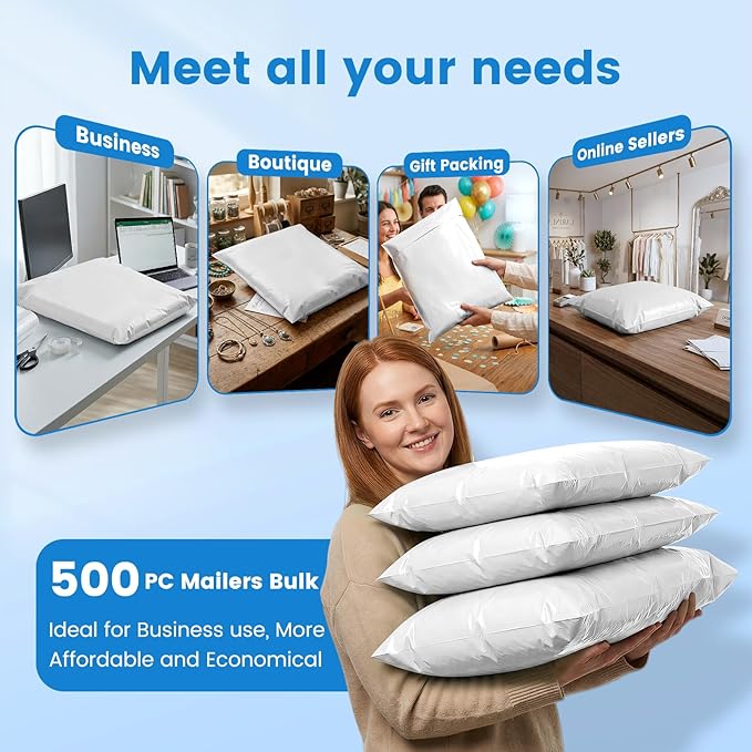 Metronic Poly Mailers 19x24 500Pcs Large Shipping Bags for Clothes,Heavy Duty Shipping Envelopes Bulk for Small Business,Strong Adhesive Self-Seal Plastic Mailing Bags for E-Commerce Packaging, White