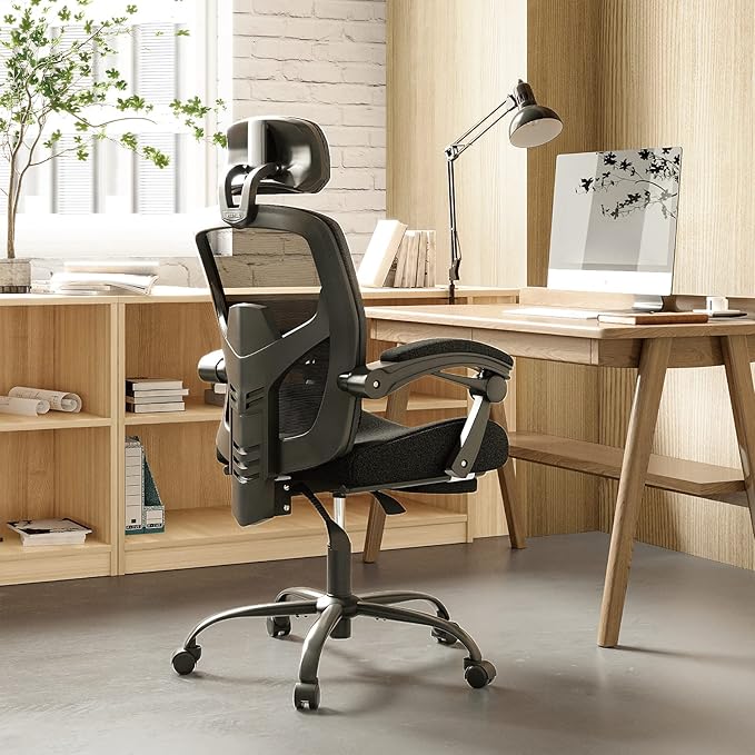 DUMOS Home Office Desk Chair with Footrest, High-Back Mesh Rolling Swivel Reclining Chairs with Wheels, Comfortable Headrest, Lumbar Support, Comfy Arms for Home, Office, Gaming, Student, Inky
