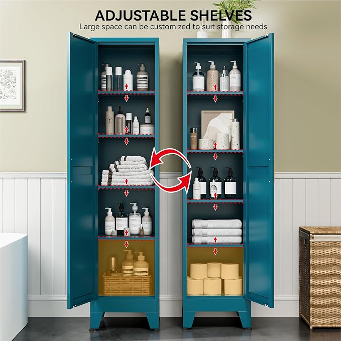 COFaR 67" Metal Narrow Storage Cabinet, Peacock Blue Slim Storage Cabinet with Magnetic Door & 4 Adjustable Shelves, Slim Freestanding Cupboard for Bathroom, Kitchen