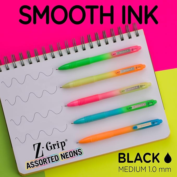 Zebra Pen Z-Grip Ombre Neon Retractable Ballpoint Pen, Black, 1.0mm, 10-Pk | Smooth Writing, Medium Point Tip, Ideal for Planners, Note-Taking, School and Office Supplies, and Everyday Writing (21201)