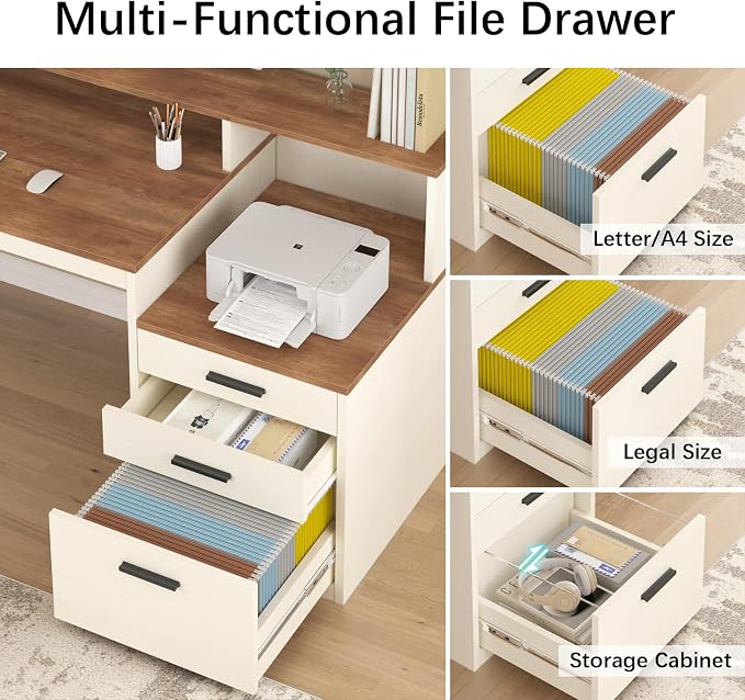 65" Computer Desk with 3 Drawers & Printer Shelf for Home Office | Office Desk with Printer Shelf & File Drawer, Executive Desk Writing Study Table with Monitor Stand, Brown & White