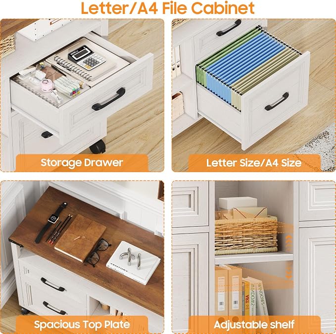 Halitaa Farmhouse Filing Cabinet with Adjustable Shelf & Wheels, Off White | Lateral File Cabinets, Office Storage Cabinet with 4 Drawers, Open Storage Space, for Hanging Files A4/Letter for Home Office