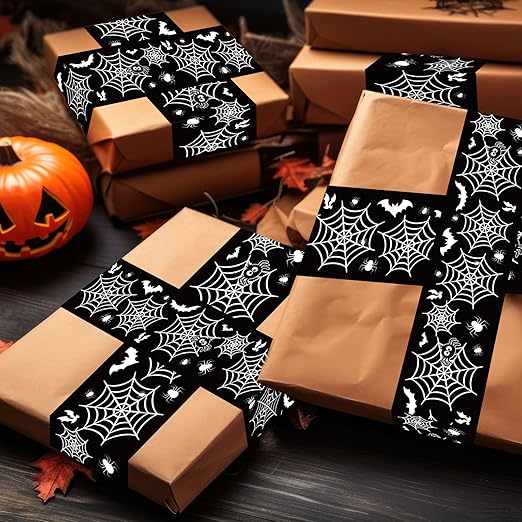 Whaline 109 Yard Halloween Packaging Tape Black Spider Web Bat Spider Pattern Tape Waterproof Shipping Tape for Small Business DIY Crafts Box Carton Decor