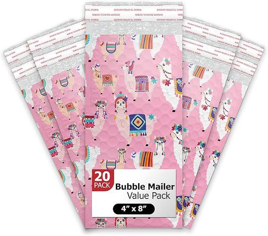 Pro Supply Global Llamas Designer Self-Seal Bubble Mailers Padded - 4"x8" (20 Pieces) - A Colorful Shipping Envelopes Bags for Small Items Packaging, Mailing, Gifts, Documents, Crafts and Accessories.