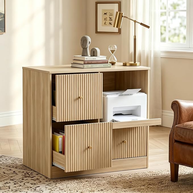 DNYN 3 Drawers Wood File Cabinet with Charging Station and Printer Stand | Vintage Fluted Lateral Filing Cabinet| For Home Office| Anti-Tipping| Fits for A4/Letter-Size Files| Pull-out Shelf