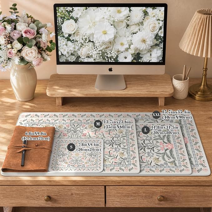 iCasso Aesthetic Desk Mat,31.5x11.8in Mouse Pads, Gray Floral | Anti-Slip Mousepad with Stitched Edges, Waterproof Computer Pad, Desk Accessories Office Decor for Women