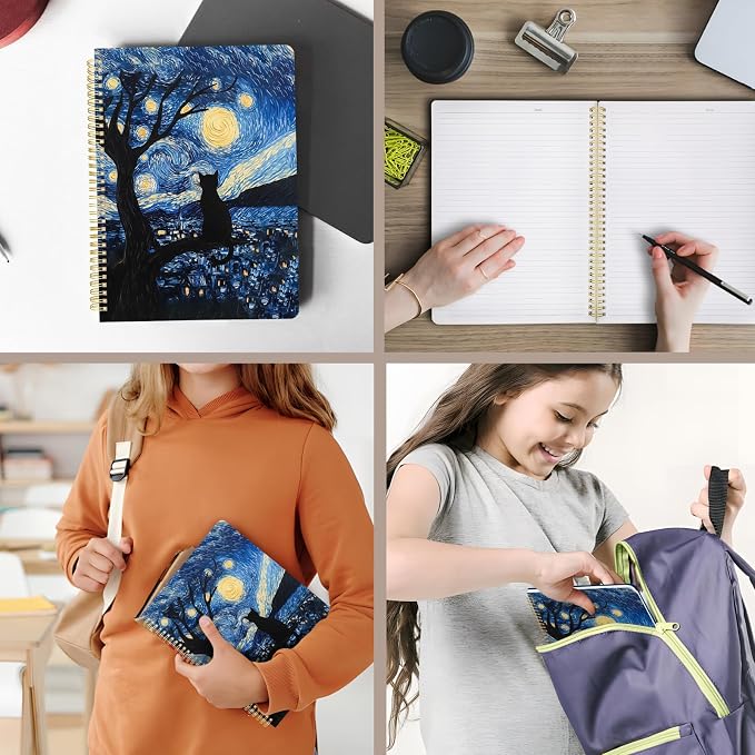 Cute Spiral Notebook journal A4 Aesthetic Pretty Design for Women Girls Kawaii with Pocket, 8.5 x 11 inch, Lined, Cat Galaxy
