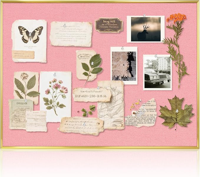 Linen Bulletin Board, 36"x24" Decorative Fabric Pin Board Vision Board | Gold Aluminum Frame, Upgraded Pink Canvas Surface, Wall Mounted, for Home Office Bedroom Dorm Wall Decor