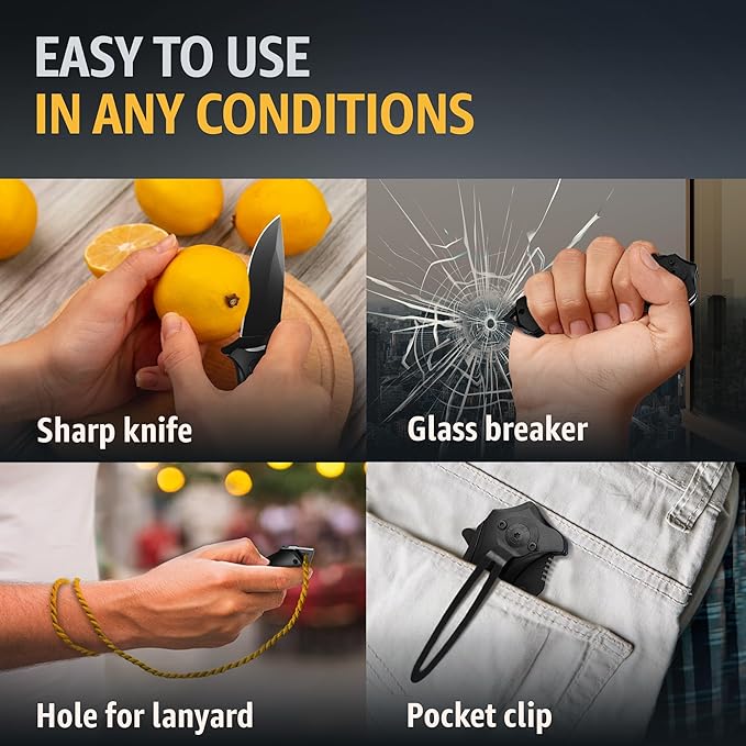 Pocket Knife for Men - Best Knife with Glass Breaker and Pocket Clip - Cool Folding Knives for Tactical, EDC, Camping - Multifunction Bike Tools - Birthday Gifts for Husband, Boyfriend, Dad 6495 B
