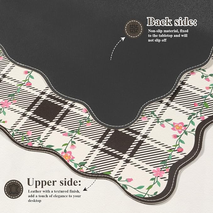 iCasso Keyboard Mat for Students, Black 35.4"x15.7" Desk Protector | Stitched Edges Scalloped Mousepad for Computer, Aesthetic Floral Desk Pad for Students Women Office Workspace Area