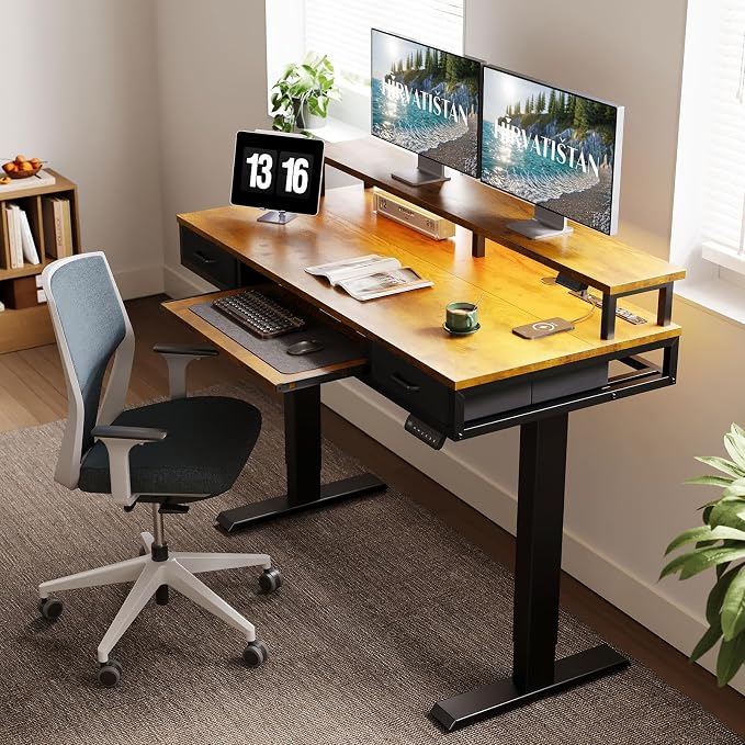 AODK 55 Inch Standing Desk with Drawers & Keyboard Tray, Rustic Brown | Power Outlet, LED Lights, Monitor Stand, Cable Management Tray, 3 Memory Heights, 29.9"-46.1" in Range