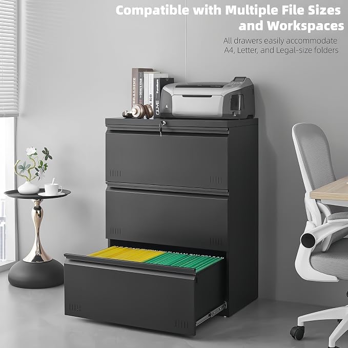 Approgreent Lateral 3 Drawer File Cabient with Lock, Metal Filing Cabinets for Home Office, Heavty Duty Office Storage Cabinet for A4/Letter/Legal (Matte Black)