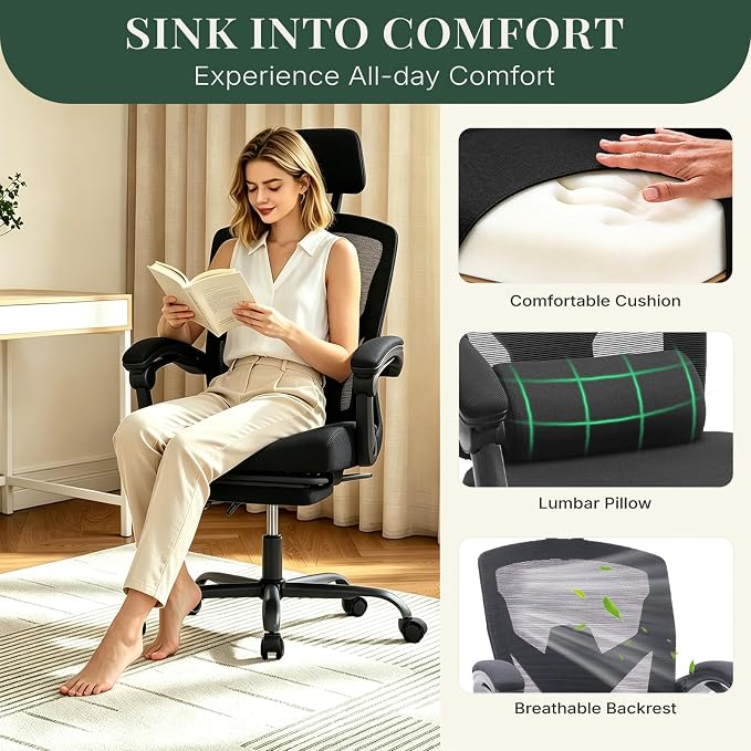 Ergonomic Office Chair with Footrest, Computer Gaming Chair | Adjustable Headrest, Lumbar Support, Swivel Reclining, Padded Armrest, Mesh High Back, Home Desk Work Study, Black