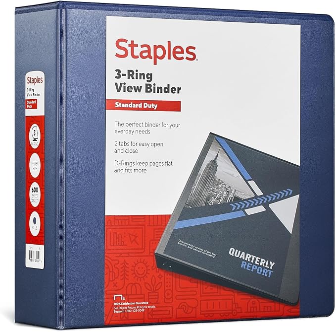 Staples Standard 3-Inch 3-Ring View Binder, Blue, 600 Sheets | High-capacity binder for school, office, and document storage.