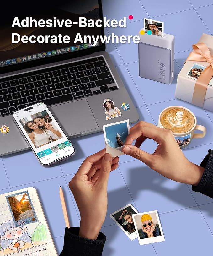 Liene Pearl N200 Pro Portable AI Photo Printer, Instant Mini Picture Printer for iPhone Smartphone, Thermal Dye Sublimation Bluetooth Sticker Maker 50 Sheets 2x3 Adhesive Paper & 5 Cartridges, Purple
