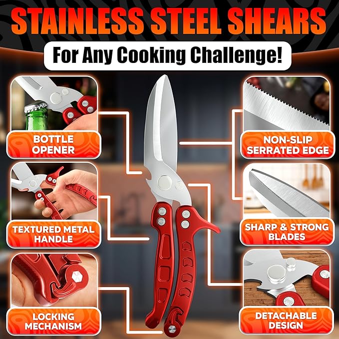 4-in-1 Kitchen Shears Heavy Duty – Sharp Seafood, Poultry Shears & Chicken Scissors with Non-Slip Metal Handle & Micro-Serrated Blades for Meat – Spring-Loaded Bone Cutting Scissors with Safety Lock