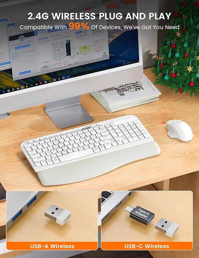 Wireless Keyboard and Mouse Combo with Ergonomic Wave Key | Leather Soft Palm Rest, Rechargeable, 4-Level DPI, Phone Holder, 2.4GHz, MA22 Plus Full Size Set for PC, Laptop, Windows, Mac