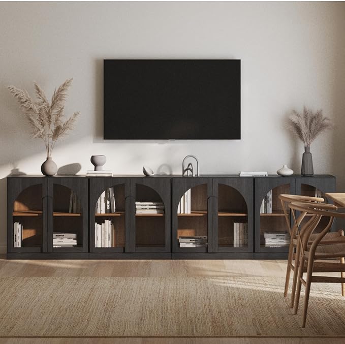 BELLEZE 2 Tier Bookshelf with Arched Glass Door, Set of 4 Modern Display Bookcase Shelf with Storage and Adjustable Shelves, 126" Wood Bookshelves for Living Room Office Entryway (Ebony)