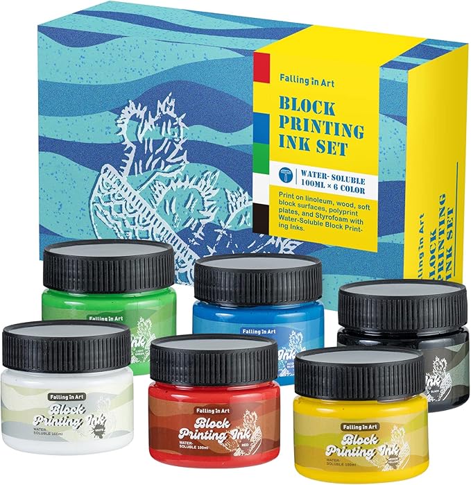 Falling in Art Water-Soluble Block Printing Ink, 6-Color Printmaking Ink Set for Linoleum Block, 3.5 floz