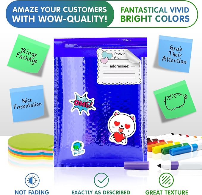 Glamour Metallic Bubble Mailers 5 x 9 Inches Blue, 250 Pack Padded Envelopes for Shipping, Mailing, Packaging Protection