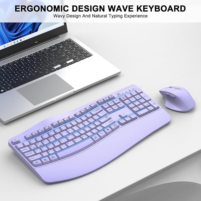 Wireless Keyboard and Mouse Combo, 2.4G Ergonomic Wave Keys(Purple) | Full Size Wave Keyboard with Wrist Rest, 3-Level DPI Adjustable Ergonomic Mouse for Windows and Mac OS Desktop/Laptop/PC
