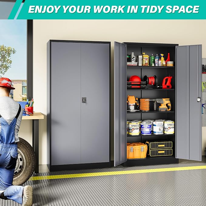 Wide & Deep Metal Storage Cabinet with Lock & Adjustable Shelves,72" Gray Garage Storage Cabinet with Locking Doors,Locking Metal Cabinets for Home,Office,Shop,Garage 72x36x18