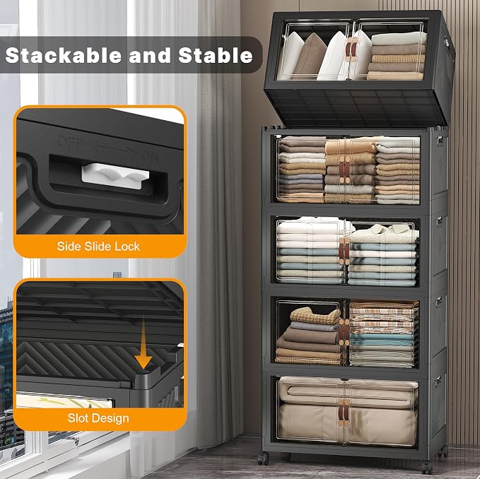 600QT Stackable Storage Bins with Lids, Doors & Wheels | Closet Organizers and Storage Cabinet, Lockable Plastic Foldable Drawers for Bedroom Dorm Office Garage（120QT*5,Black）