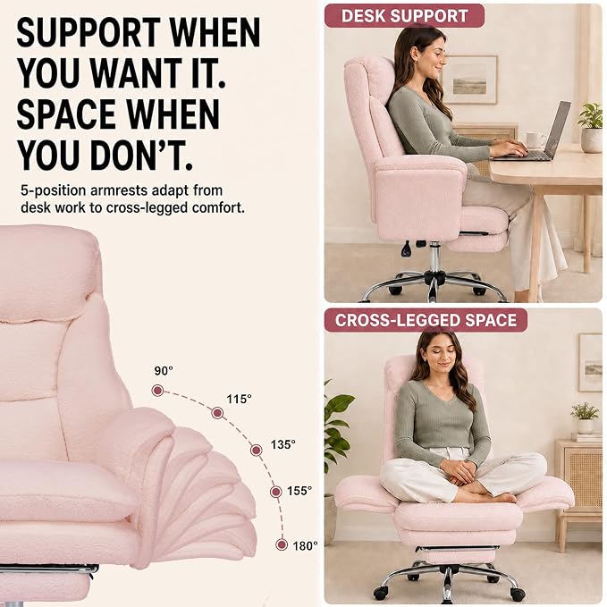 Criss Cross Office Chair with Wheels,Flip-Up Arms and Footrest, Pink | Cross Legged Office Chair, 30" Wide Seat, 7.87" Teddy Fleece Cushion, 155° Recline, 400 lb, Home Office or Vanity
