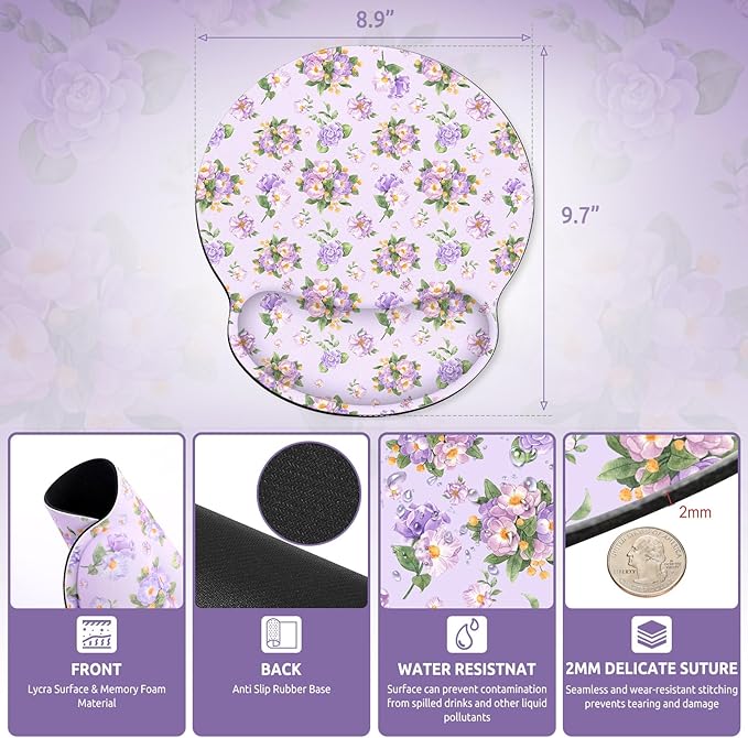 Ergonomic Mouse Pad with Wrist Rest, Small Mousepad with Non-Slip Rubber Base and Smooth Surface, Purple Mouse Pads for Desk, Office Desk Accessories